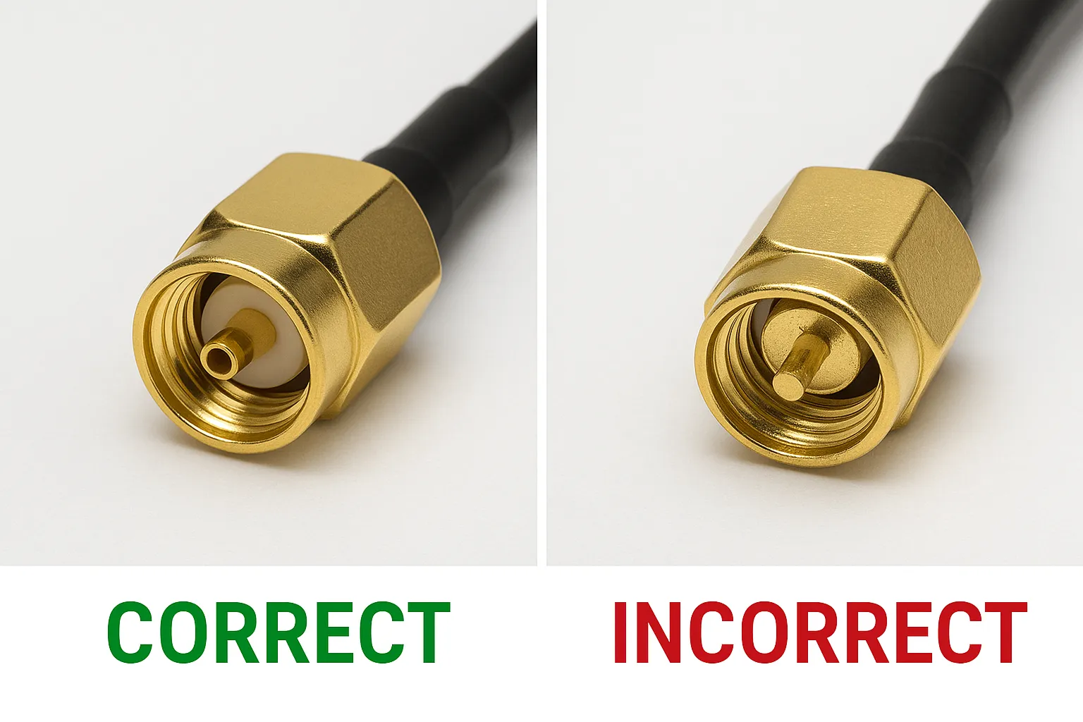 Comparison of correct vs. incorrect RF connector signal transmission