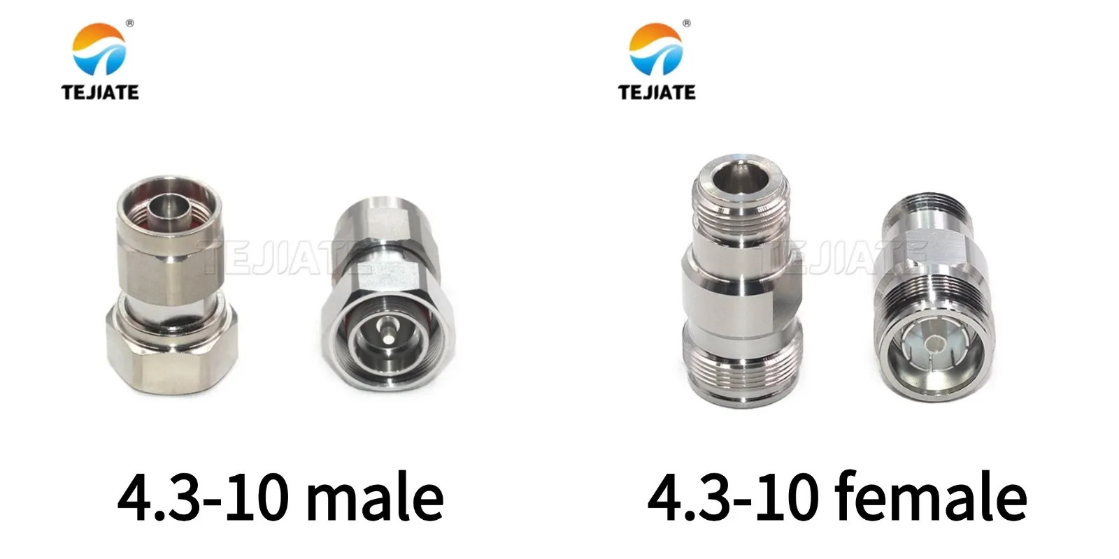 4.3-10 male plug with center pin next to female jack with receptacle on white background