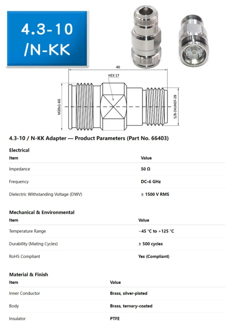 4.3-10 ↔ N Female–Female Adapter (N-KK), Part 66403 — Specs 4.3-10 to N-Type female–female adapter (N-KK), spec sheet with dimensions and ratings