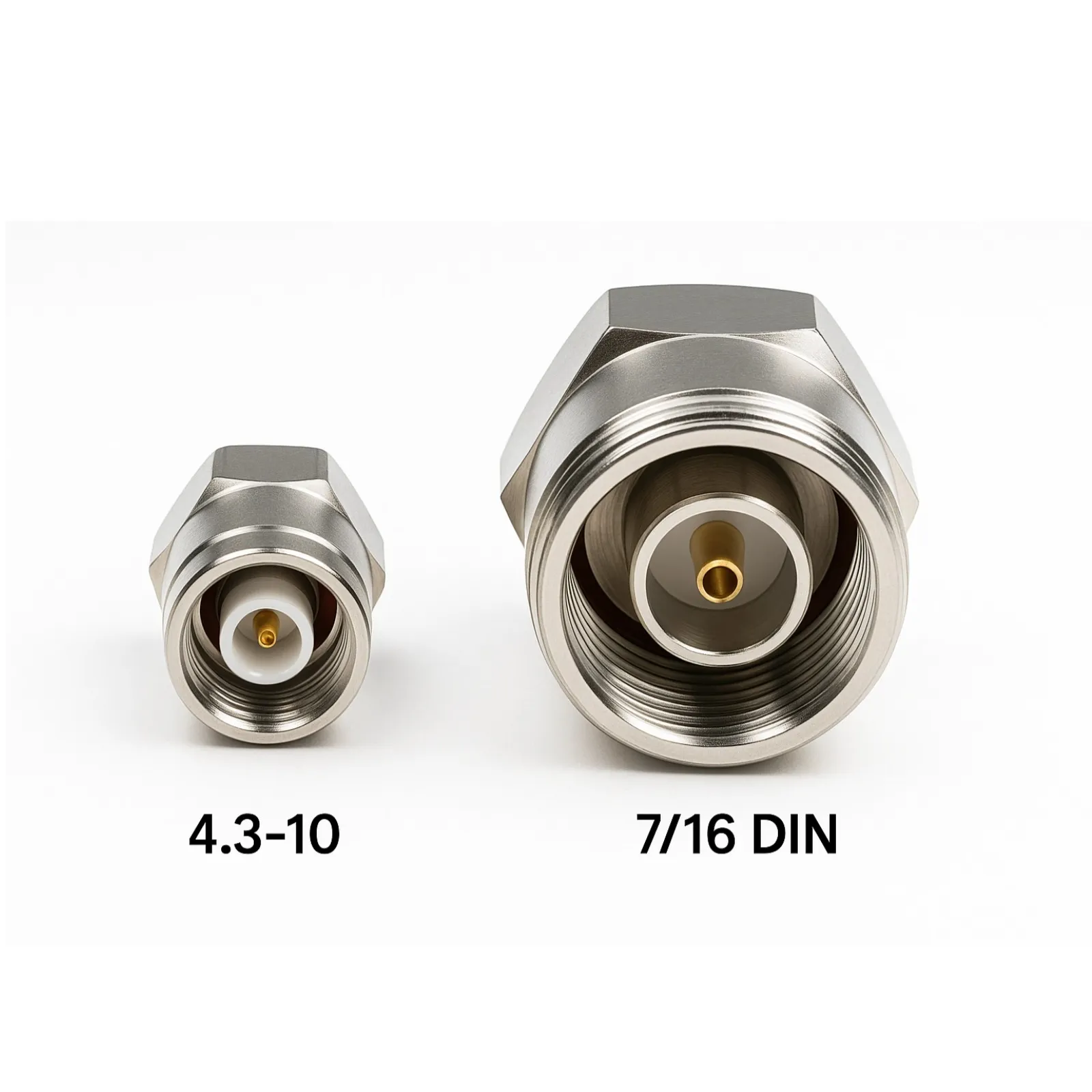 4.3-10 vs 7/16 DIN connectors side by side on white background