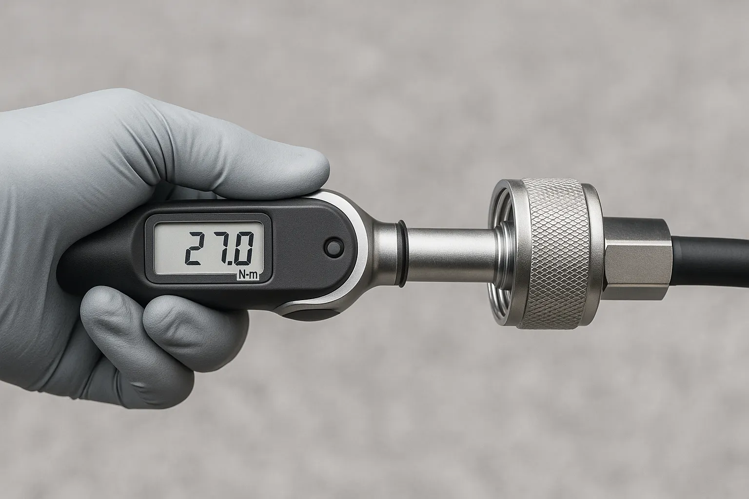 Applying 25–30 N·m torque to a 7/16 DIN connector with a calibrated wrench