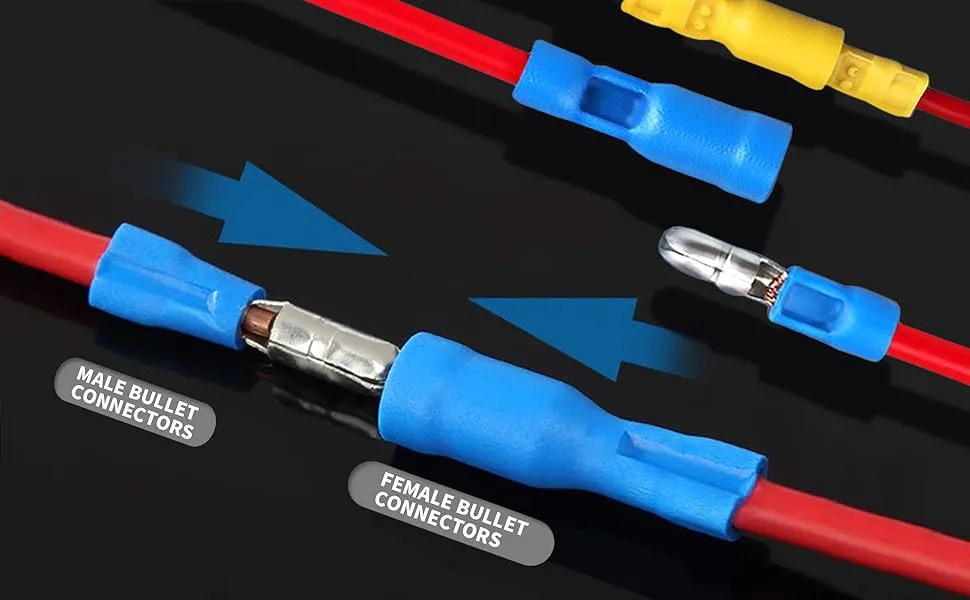 Male and female bullet connectors for quick disconnect