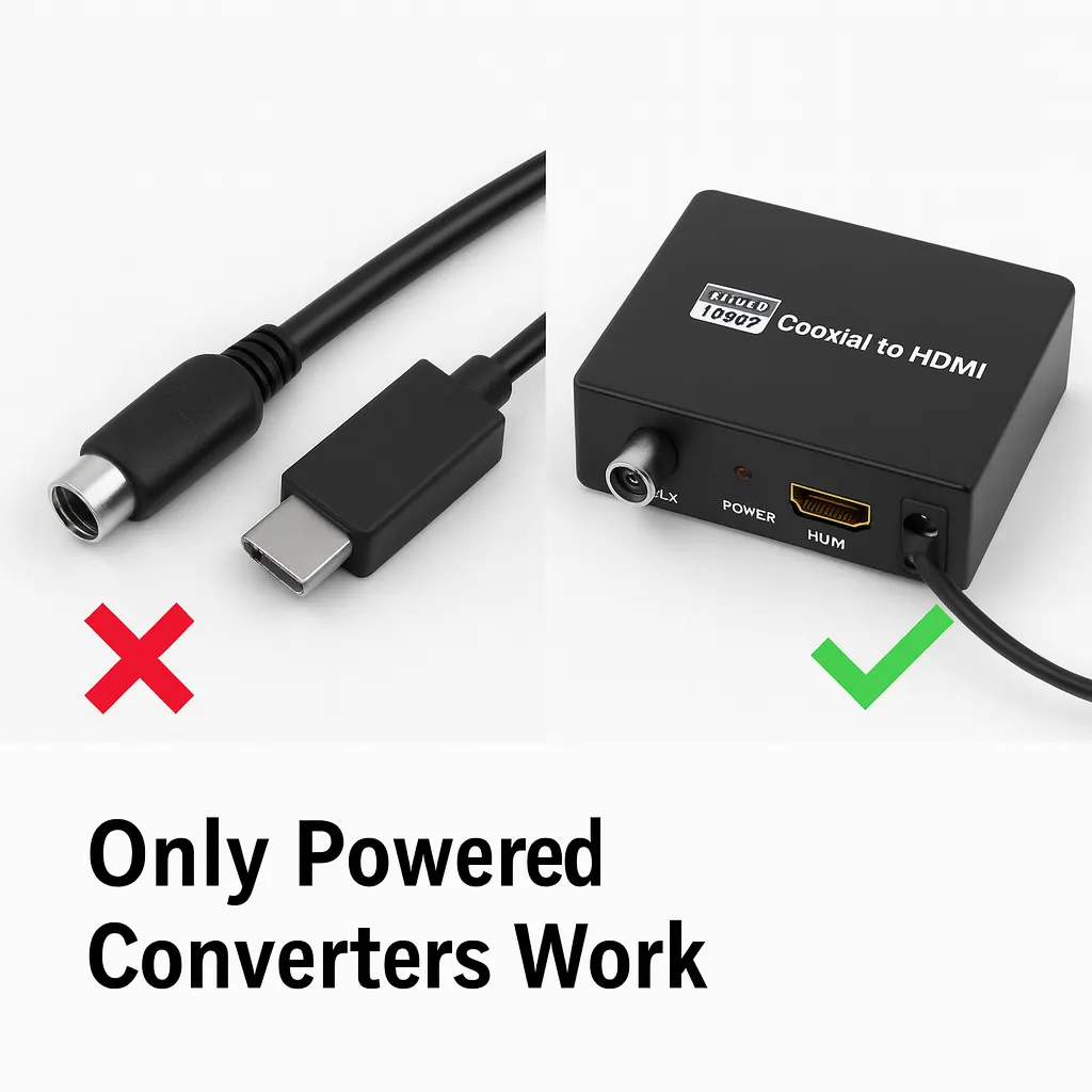 Passive coax to HDMI cable compared with active converter box