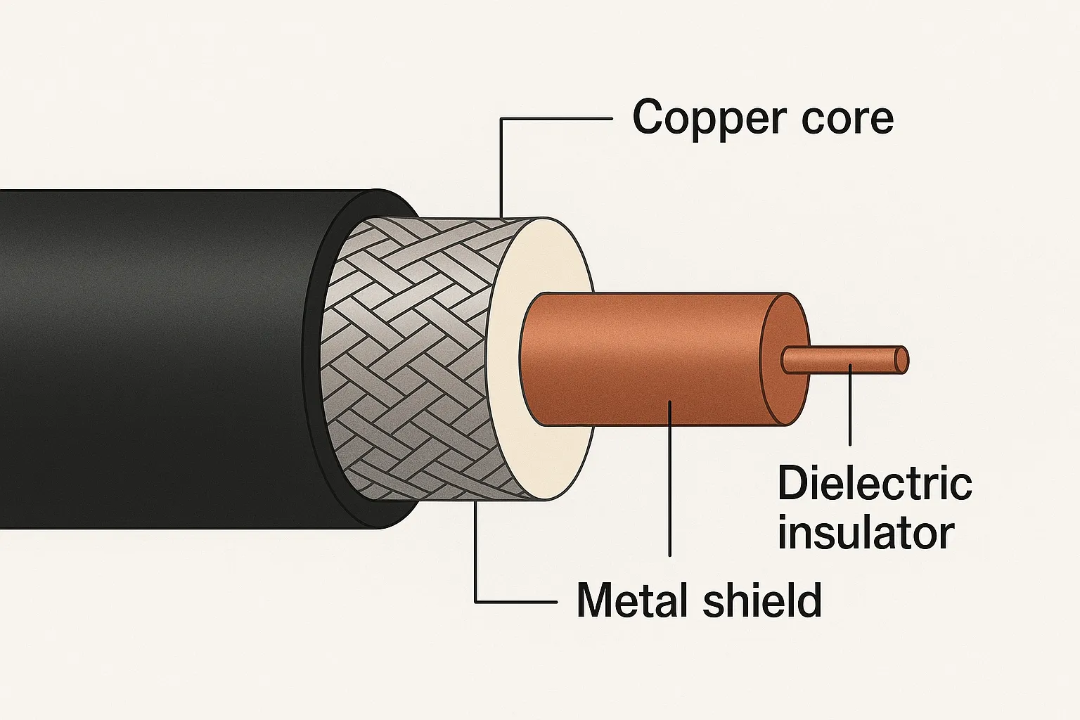 Cross-sectional RF cable showing conductor, insulation, shielding, and jacket