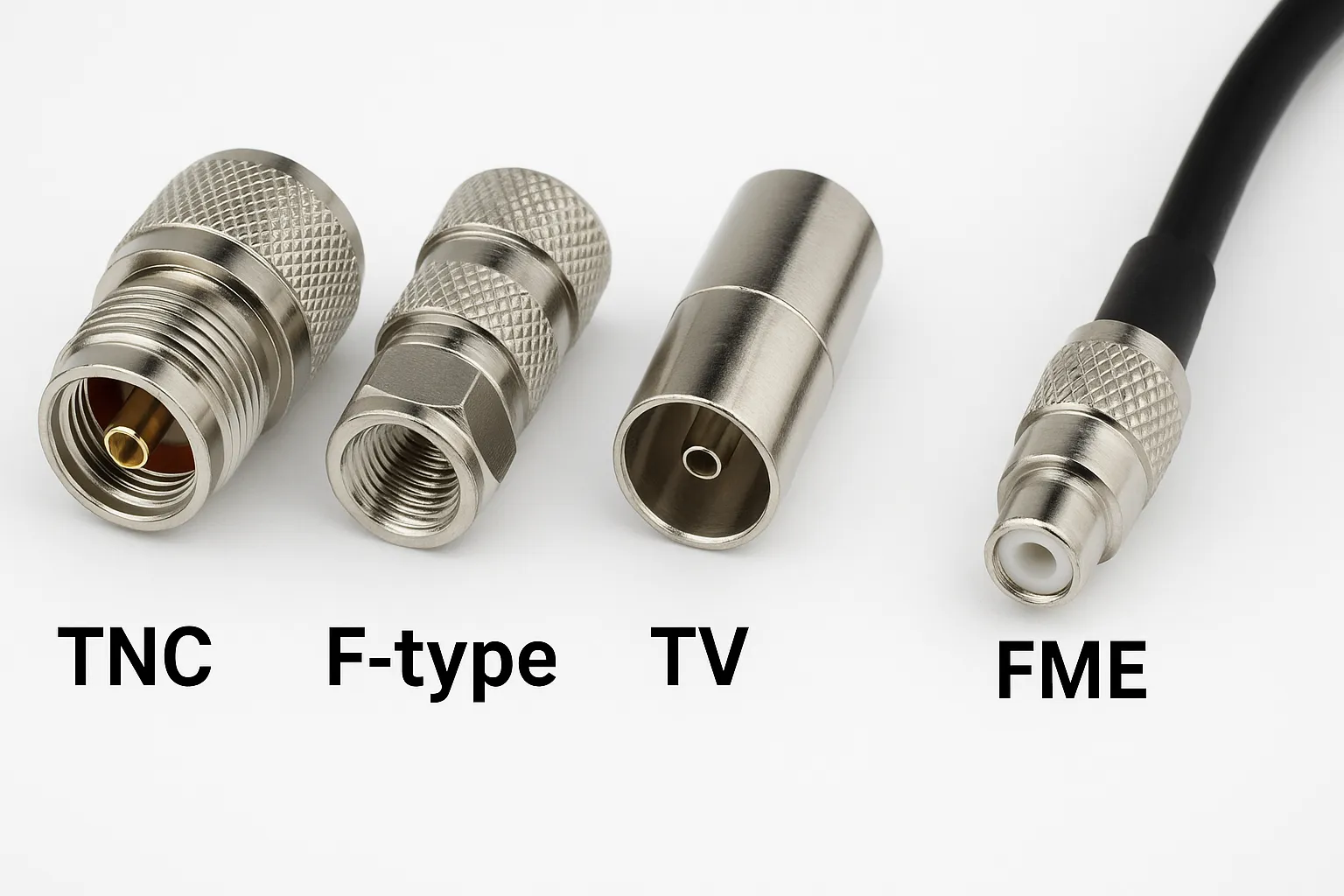 Four types of coaxial connectors: TNC, F, TV, and FME Four types of coaxial connectors: TNC, F, TV, and FME