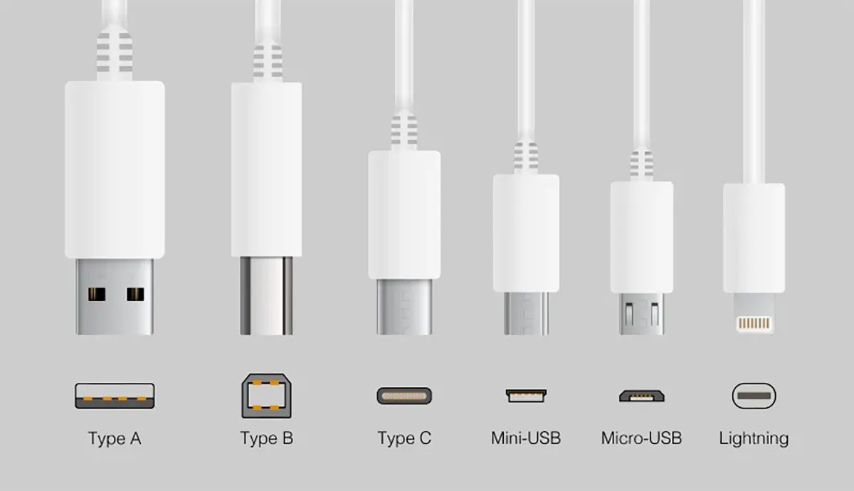 Examples of USB-A, USB-B, Micro USB, Mini USB, and USB-C cables
