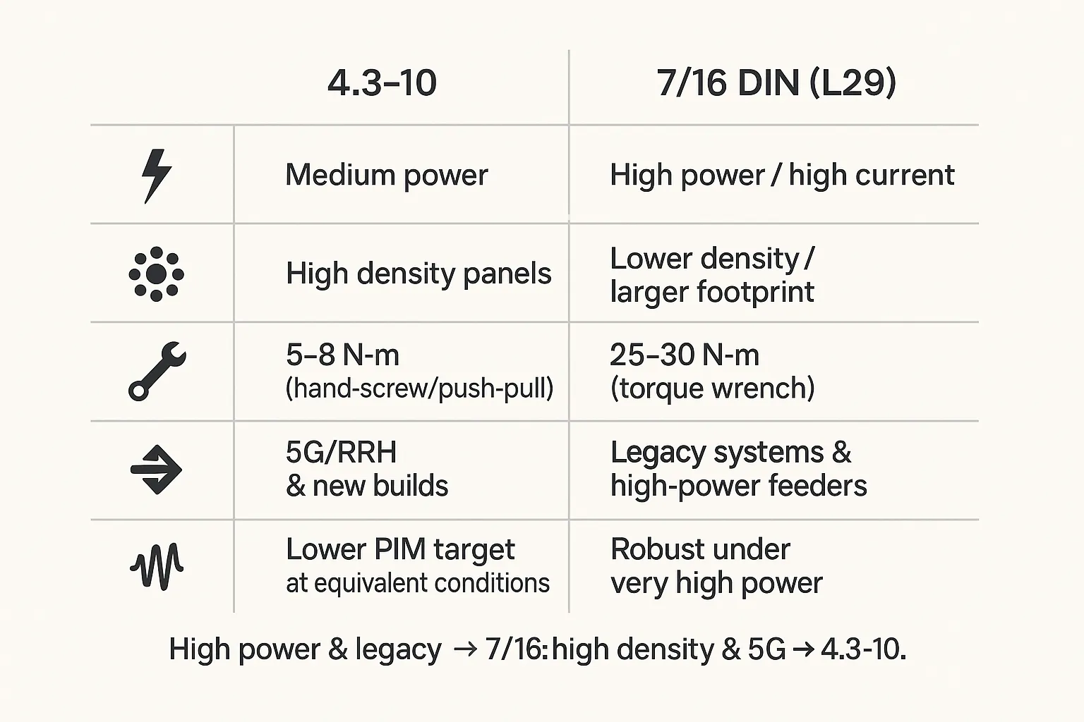 Decision matrix for choosing 4.3-10 or 7/16 DIN (L29)