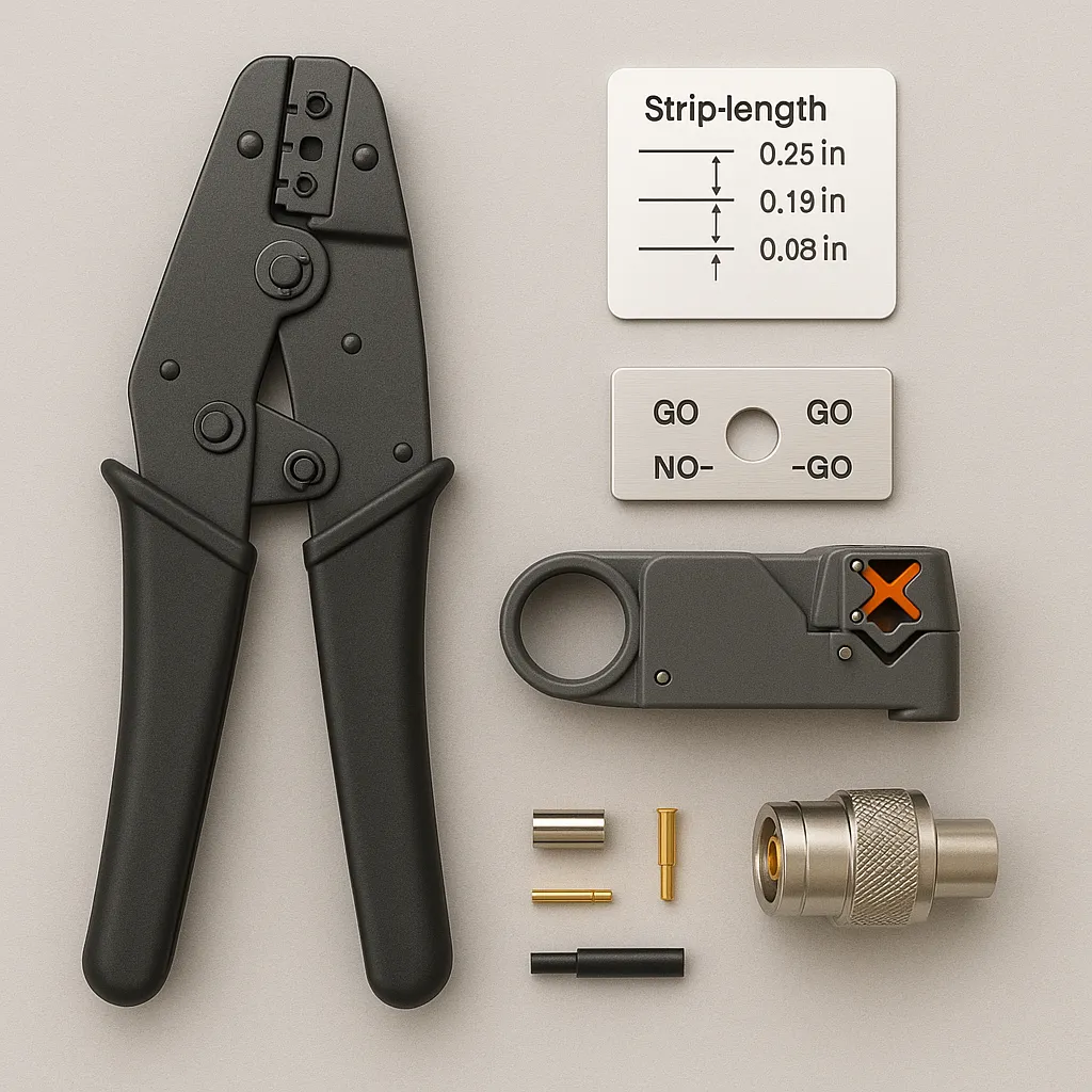 Termination Tools & QC Tools for N-Type termination: crimp die, stripper, go/no-go gauge