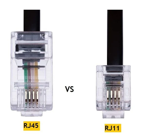 Visual comparison between RJ45 and RJ11 connectors