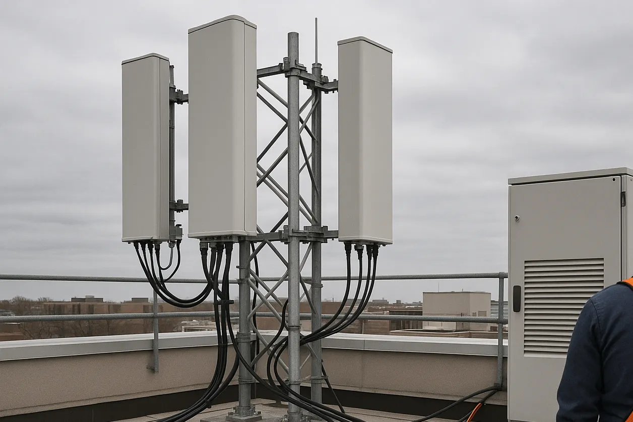 Rooftop cell site with sector panel antennas, coax feeders, and outdoor cabinet