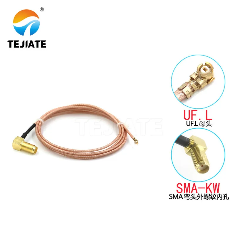 Close-up of a U.FL to SMA connector pigtail cable made with RG316