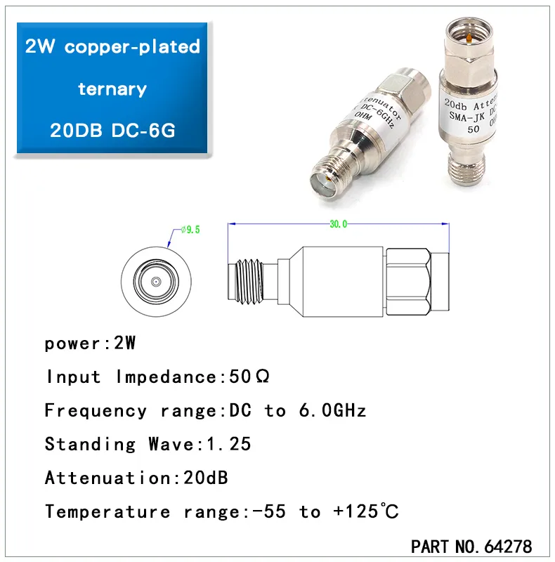 A 20 dB SMA attenuator with a female input port, used to reduce signal power