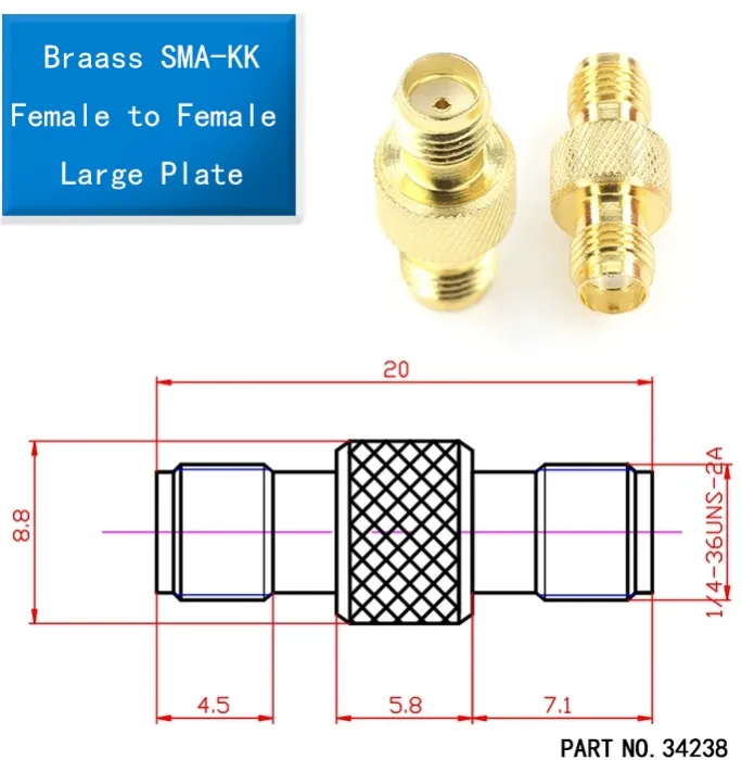 Brass SMA-KK Adapter Dimension Drawing Dimensioned drawing of the Brass SMA-KK adapter (Part No. 34238)