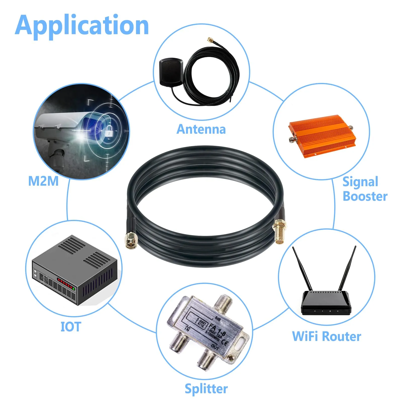 Close-up of a short, flexible RG174 cable with a small connector (like U.FL or MMCX) being used as a pigtail to connect a GPS or Wi-Fi module to a PCB.