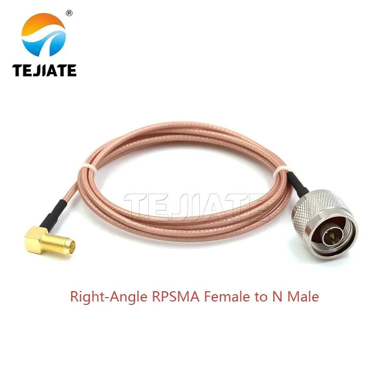 A right-angle adapter converting from an RP-SMA female port to an N male connector.