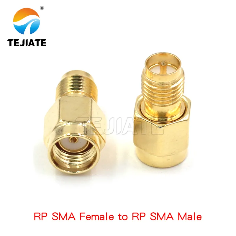 A close-up photo or illustration of an RP-SMA female to RP-SMA male adapter. A close-up photo or illustration of an RP-SMA female to RP-SMA male adapter.