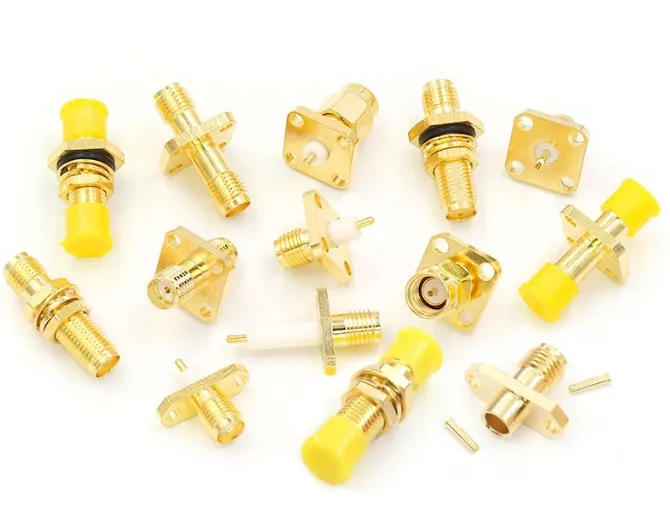 Examples of straight and right-angle SMA bulkhead connectors and flange mount connectors