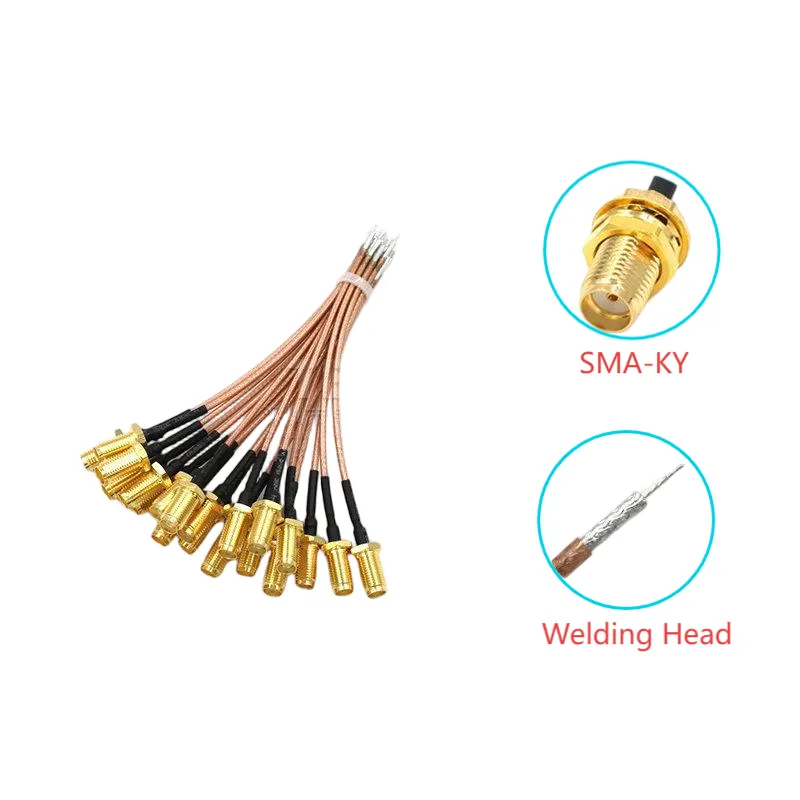 SMA RF Cable Connector Termination Close-up view of an SMA connector crimped onto a coaxial cable (like RG316 or RG178), showing the cable jacket, braid, and center conductor termination