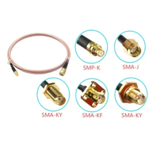 Side-by-side comparison of common SMA connector types: SMP-K (Snap-on), SMA-J (Jack), SMA-KY (Bulkhead), SMA-KF (Flange)