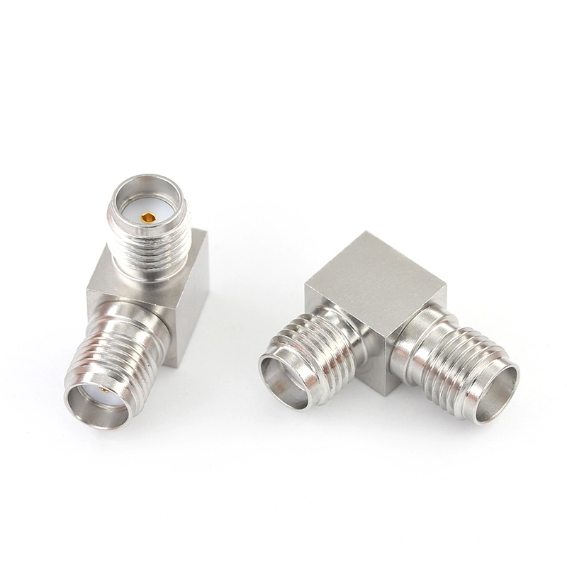 Right-angle SMA-KWK female-to-female adapter