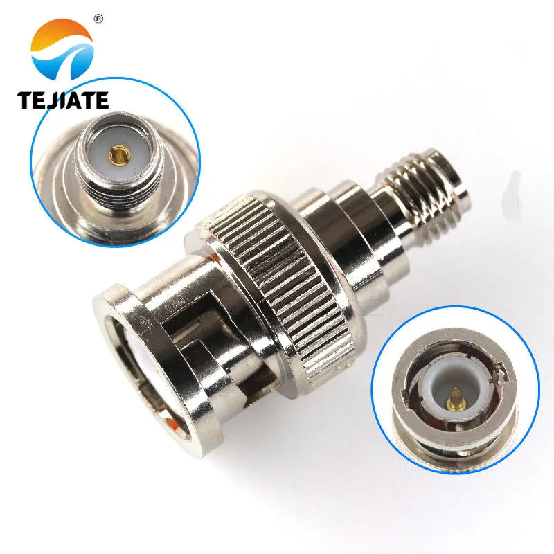 Close-up photo of a standalone SMA male to BNC female adapter