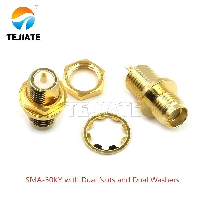 SMA-50KY bulkhead connector assembled with dual nuts and dual washers for secure mounting.