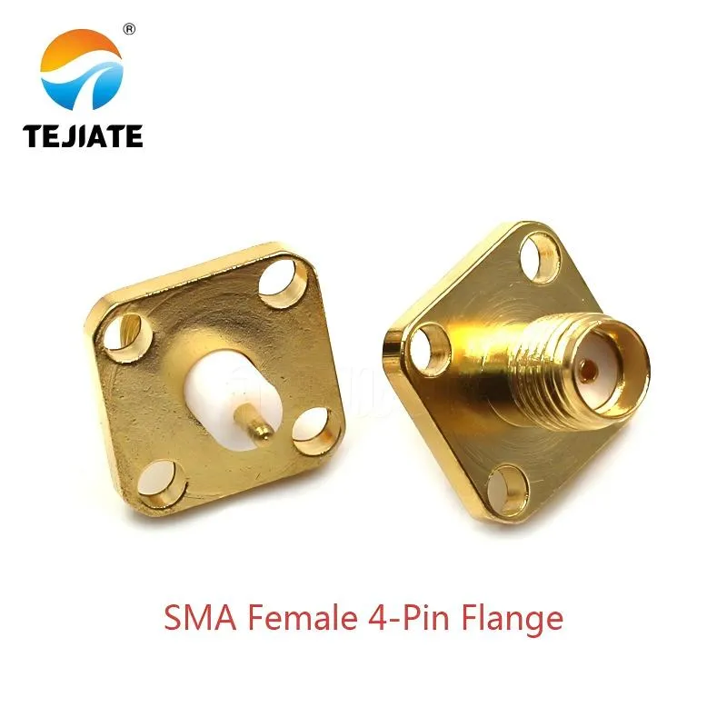 An SMA female connector with a 4-hole flange for mounting, designed to distribute stress.