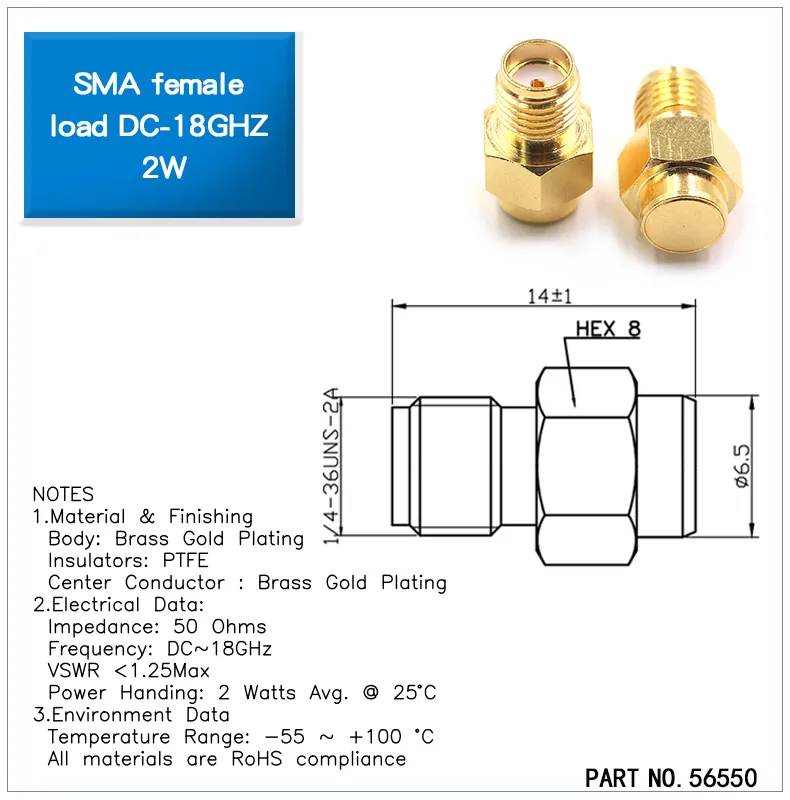 Technical drawing and specifications for a high-frequency SMA female connector (Part No. 56550).
