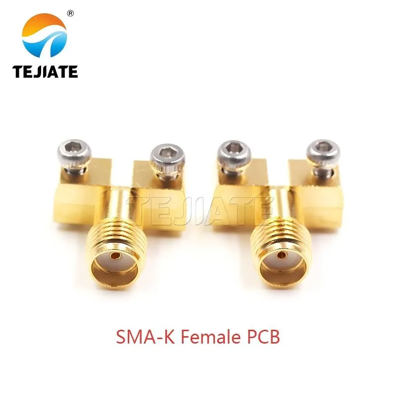 An SMA-K female connector designed for direct soldering onto a printed circuit board (PCB).