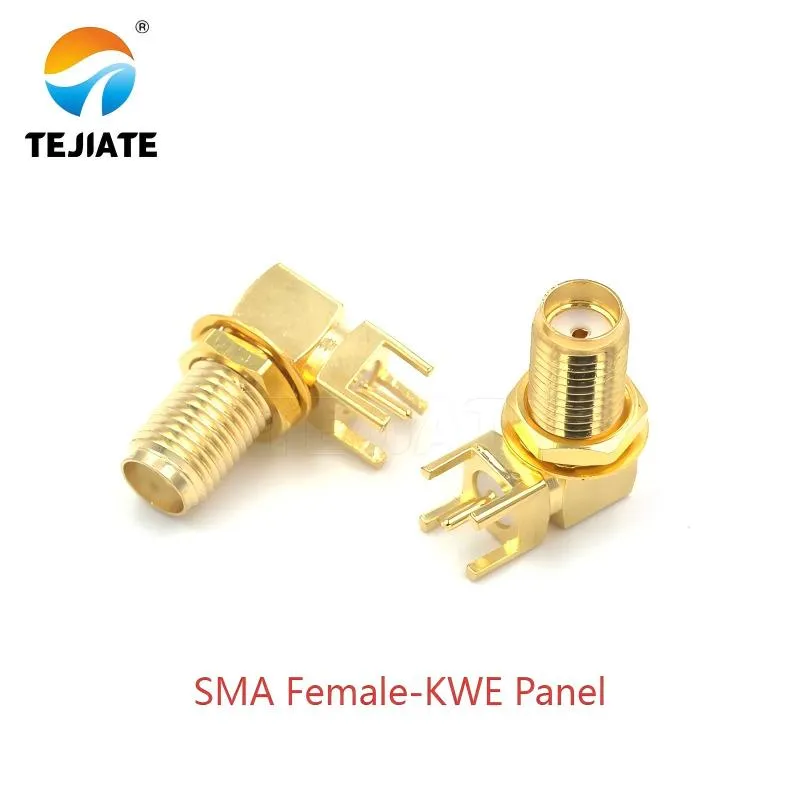 Close-up of an SMA Female-KWE panel mount connector, showing its threaded barrel and nut.