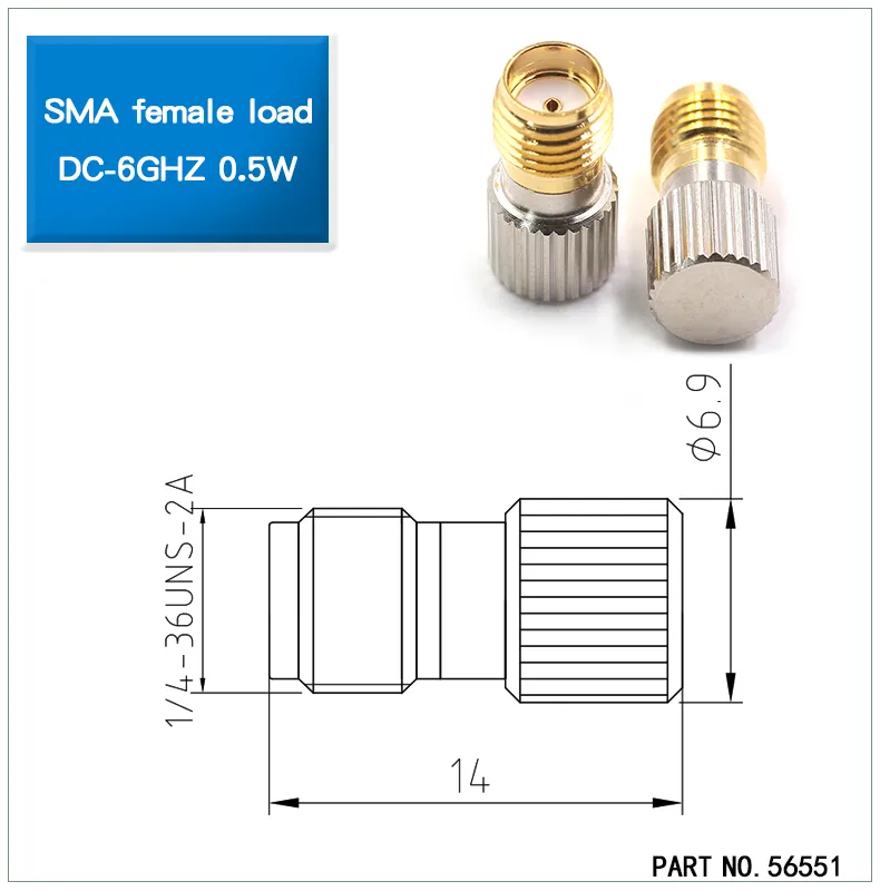 An SMA female load terminator, used to absorb RF energy and prevent signal reflection.