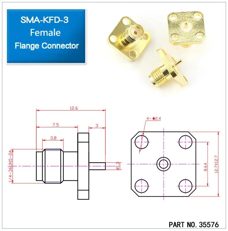 Technical dimensioned drawing of an SMA-KFD-3 female flange mount connector.