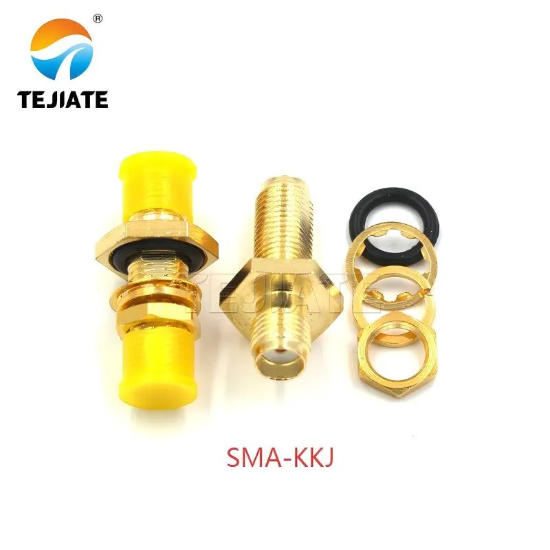 An SMA-KKJ waterproof bulkhead connector, designed for outdoor use with sealing features.