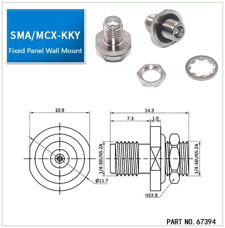 Dimensional drawing of an SMA-KKY fixed panel mount connector, showing thread, hex, and body dimensions.