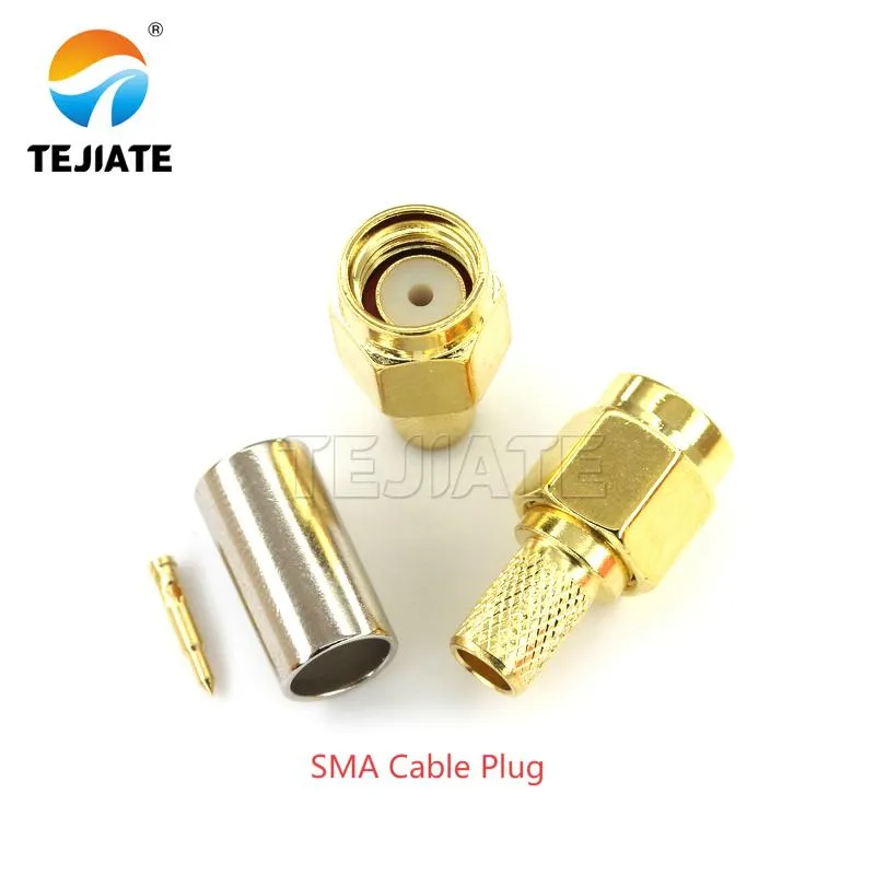 An isolated view of an SMA male cable plug, showing its components before assembly.