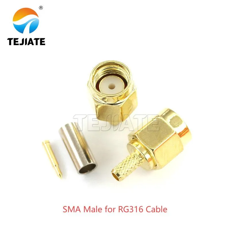 An SMA male connector designed and crimped onto a section of RG316 coaxial cable.