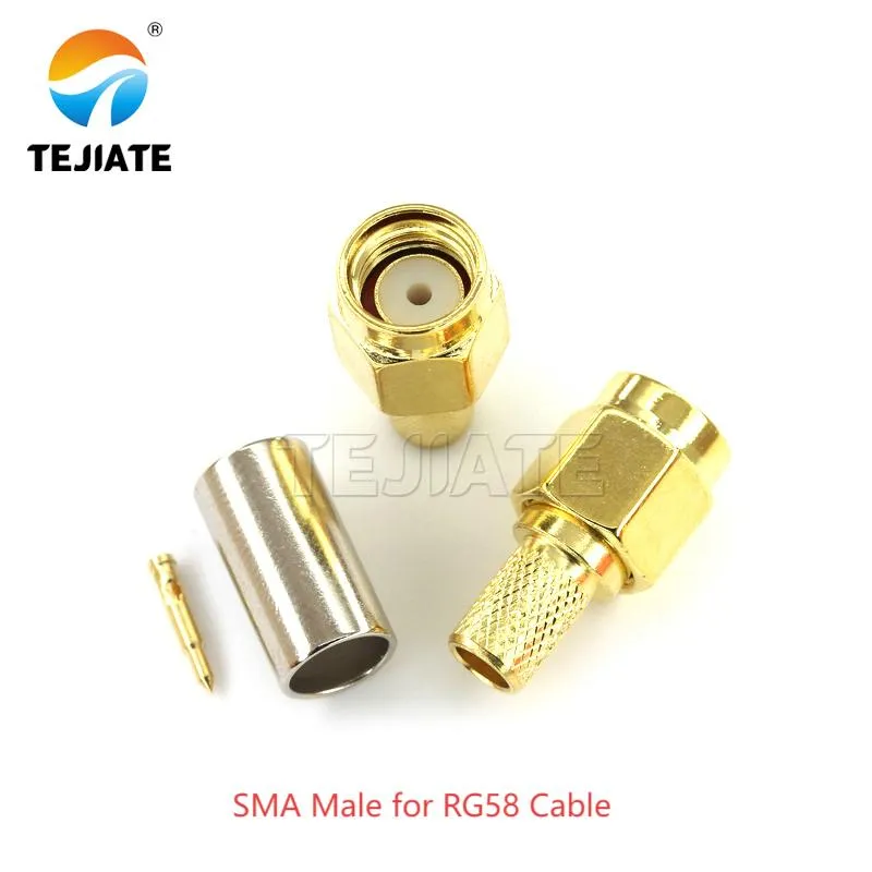 An SMA male connector assembled onto the thicker RG58 coaxial cable.