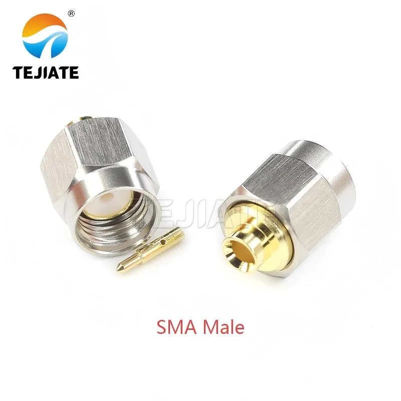 Photograph of a standard SMA male connector, highlighting its threaded barrel and center pin.