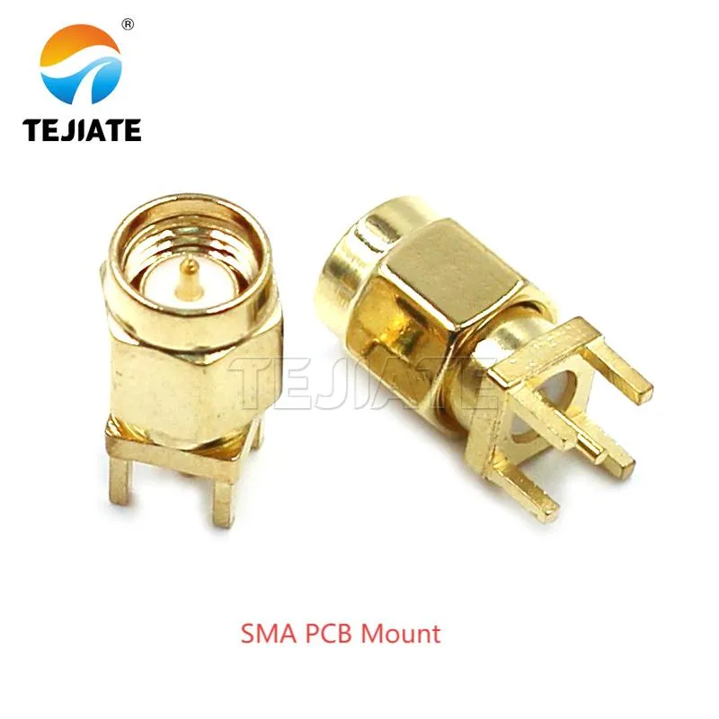 An SMA male connector designed for direct mounting onto a Printed Circuit Board (PCB).