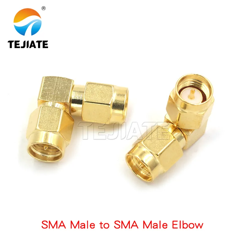 A 90-degree right-angle SMA male to SMA male elbow adapter. A 90-degree right-angle SMA male to SMA male elbow adapter.