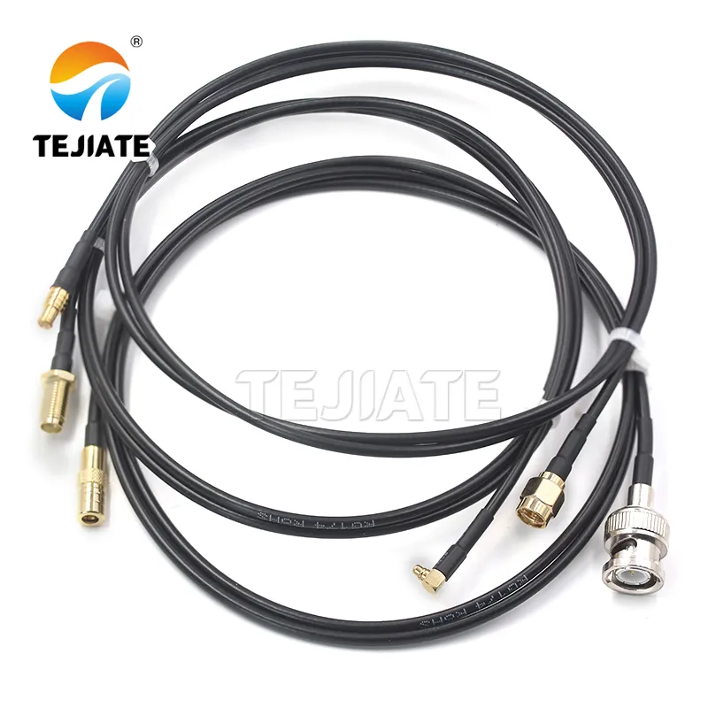 Infographic highlighting the key performance specs of TEJTE RG174 coaxial cable: low attenuation and high power handling
