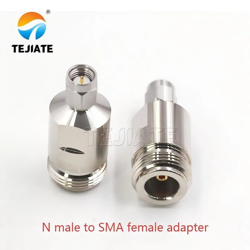 Example of an N male to SMA female adapter, a common combination for connecting devices with SMA female jacks to N-type cables.