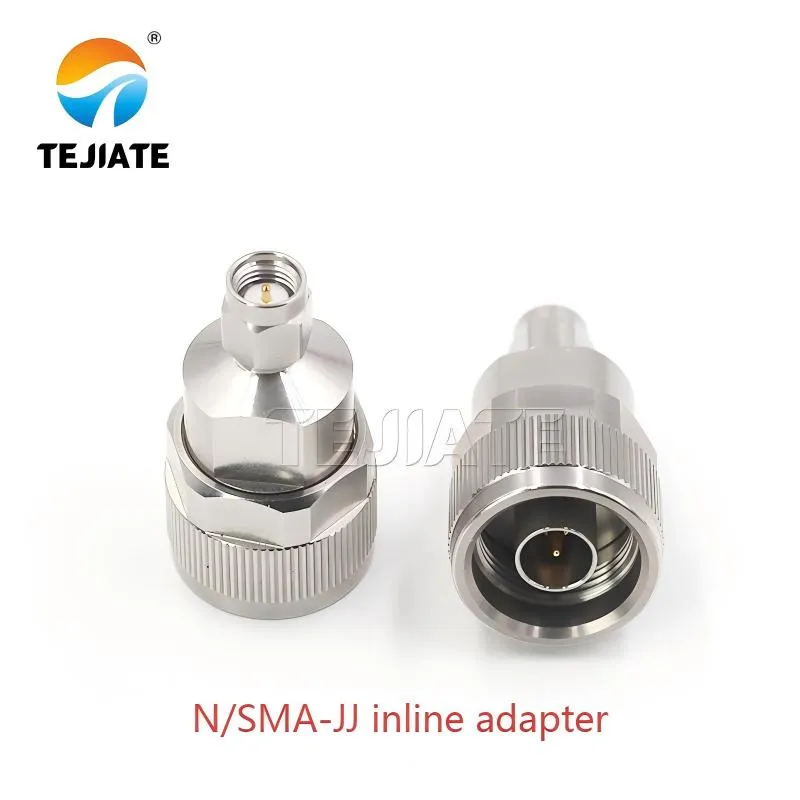 TEJTE N/SMA-KJ inline adaTEJTE N/SMA-JJ inline adapter shown with a wrench, illustrating the proper tool and method for torqueing the connection.pter, often used in rack systems and test environments for its straight connection and high-frequency performance.
