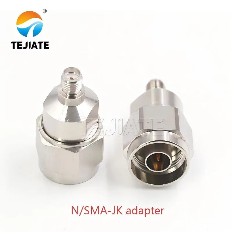 Close-up view of the TEJTE N/SMA-JK adapter, highlighting the SMA female recessed socket and the N male protruding pin.