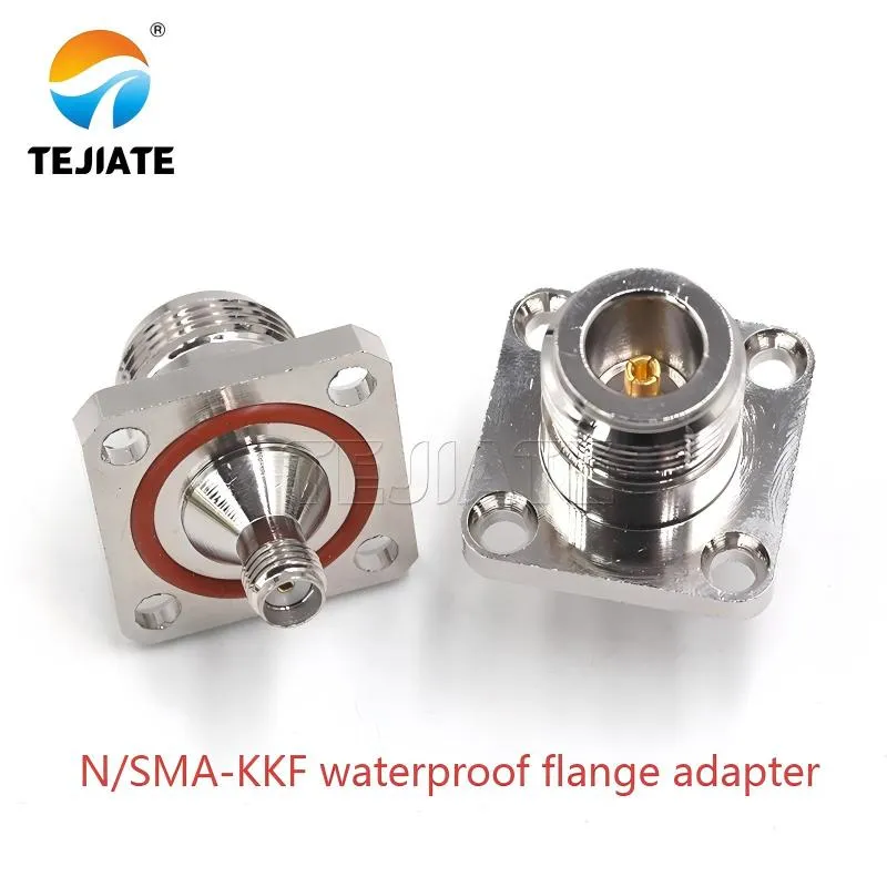 TEJTE N/SMA-KKF waterproof flange adapter, showing its structure and the prominent red O-ring for sealing.