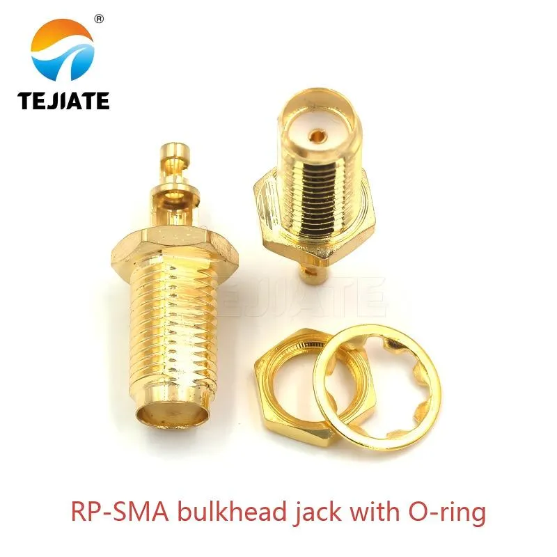 RP-SMA bulkhead jack connector featuring an O-ring for waterproof sealing and panel mounting.