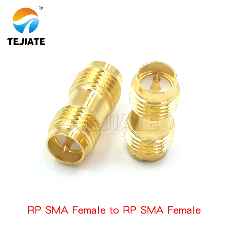 RP-SMA Female to Female adapter, used to illustrate the 3-step quick check process (thread size, pin presence, lock-nut depth).
