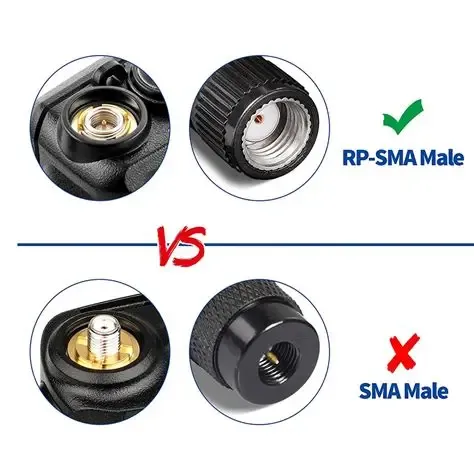 Center contact comparison between RP-SMA Male and standard SMA Male connectors