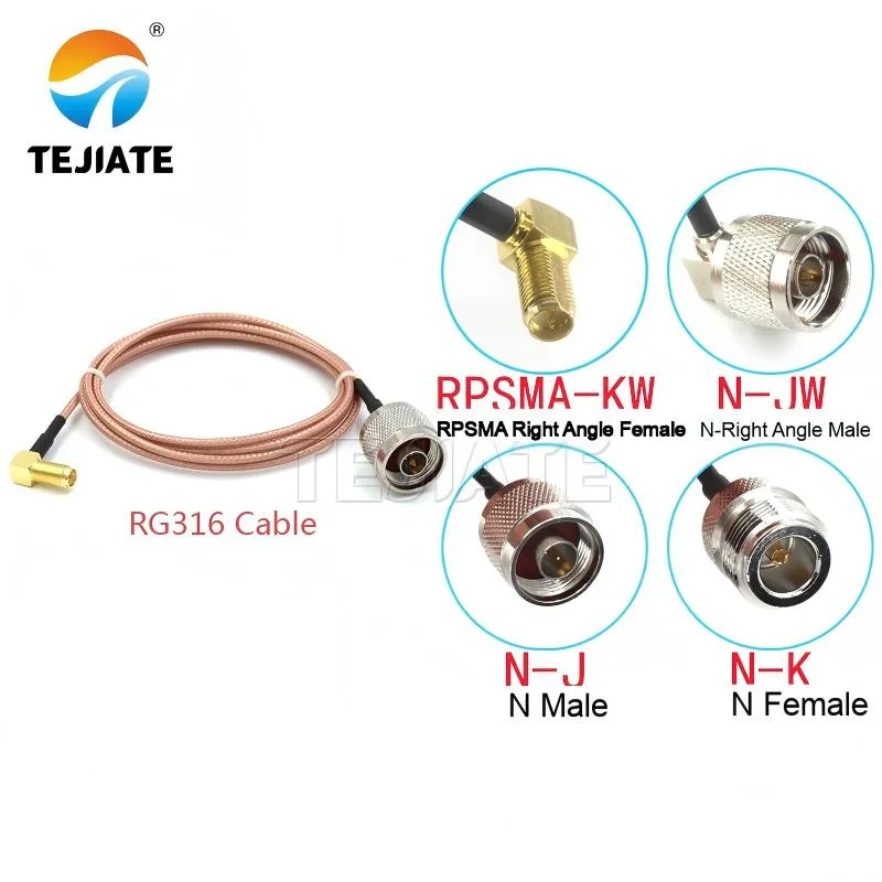 RP-SMA right-angle female to N-type male connector assembly example with RG316 cable