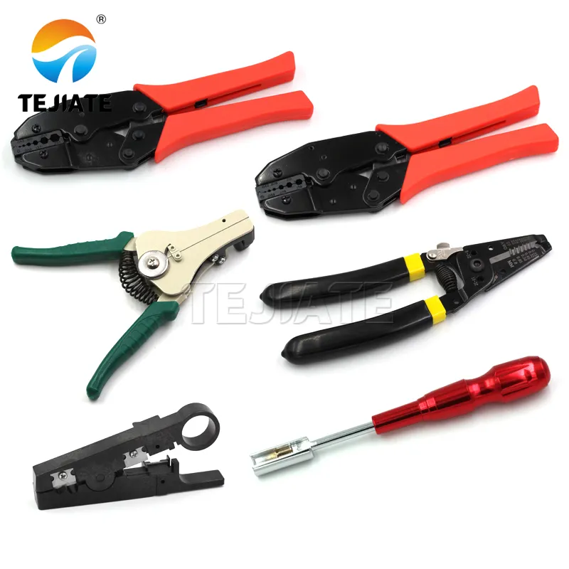 Set of tools required for SMA crimping: strippers, hex crimp tool with dies, positioner jig, and pull gauge. Set of tools required for SMA crimping: strippers, hex crimp tool with dies, positioner jig, and pull gauge.